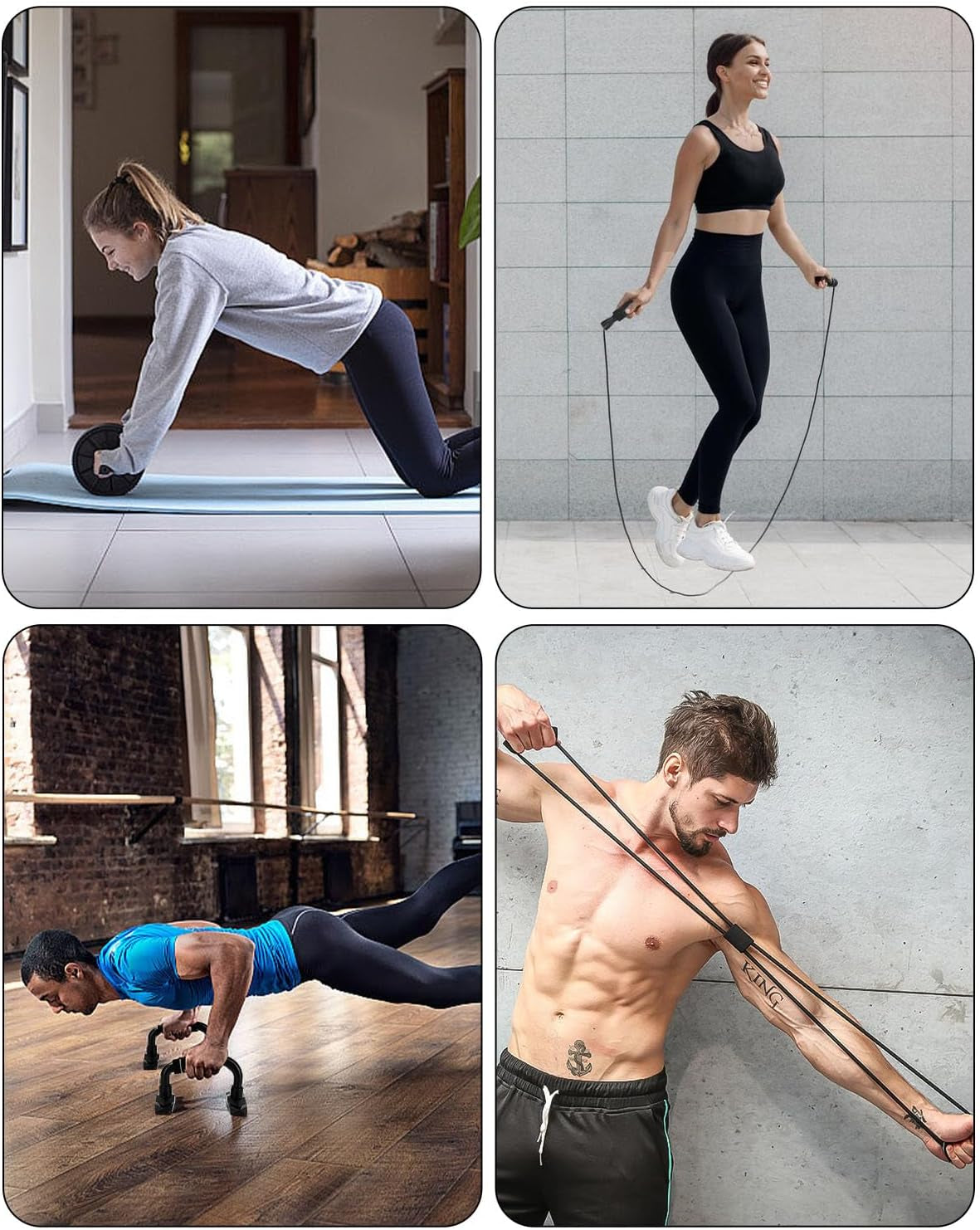 Kureny Equipo De Gimnasio,Kit De Rueda Abdominal Con Push up Bars, Cuerda Para Saltar, Fortalecedor De Mano, Rodilla Mat,Banda De Resistencia,Entrenamiento Muscular Fitness Ejercicio En Casa