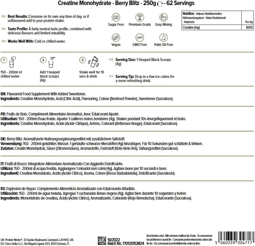 THE PROTEIN WORKS Monohidrato De Creatina En Polvo | 100% Puro Y Fino | Suplemente De Calidad Para El Crecimiento Magro Muscular | Vegano | Explosión De Bayas | 250G