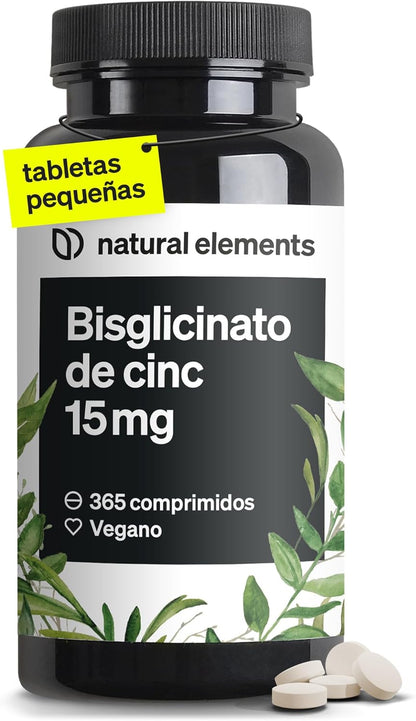 Zinc Bisglicinato 15Mg - 365 Comprimidos (1 Año) - Para El Pelo, Piel, Uñas Y Reforzar Sistema Inmunológico - Bisglicinato De Zinc Alta Biodisponibilidad - Probado En Laboratorio Y Vegano