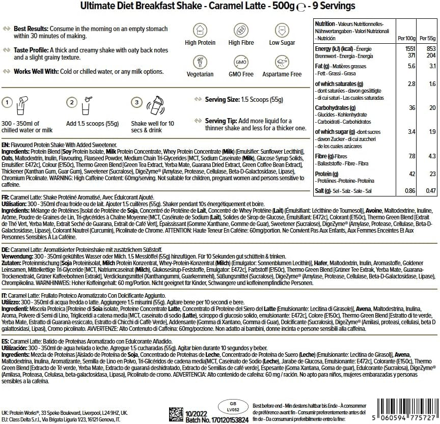 THE PROTEIN WORKS Batido De Desayuno Dietético | Caramel Latte | Desayuno Para Llevar | Alto En Proteínas Y Bajo En Azúcar | 500G