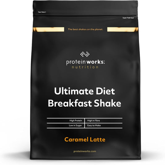 THE PROTEIN WORKS Batido De Desayuno Dietético | Caramel Latte | Desayuno Para Llevar | Alto En Proteínas Y Bajo En Azúcar | 500G