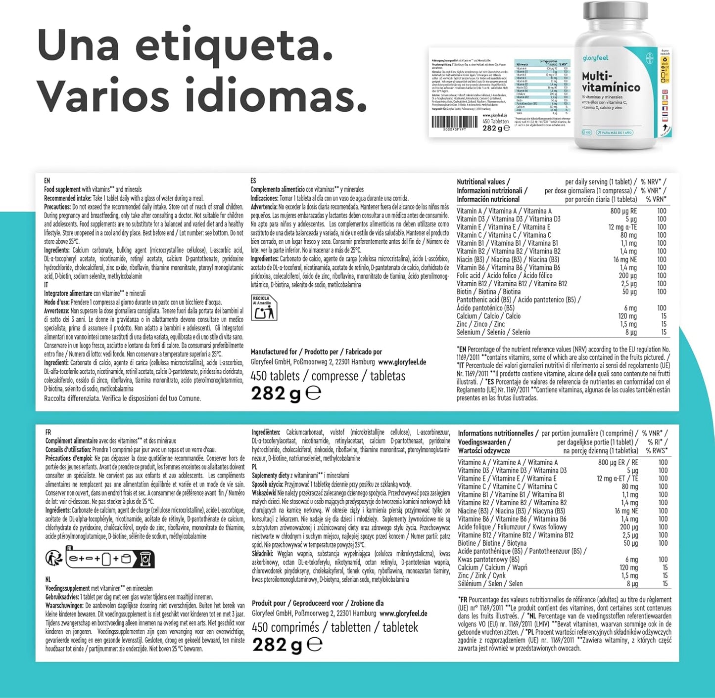 Multivitaminas Y Minerales - 450 Comprimidos (Suministro Para +1 Año) - Todas Las Vitaminas A,B,C,D3,E, Calcio, Zinc, Selenio – Multivitaminico Activo Completo Para Hombre Y Mujer