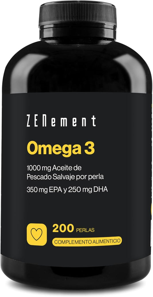 Omega 3 2000Mg Por Dosis Diaria, Máxima Concentración De DHA 500Mg Y EPA 700Mg, Ácidos Grasos De Alta Potencia | Aceite De Pescado Salvaje Con Vitamina E | 200 Cápsulas De Omega-3 | Zenement