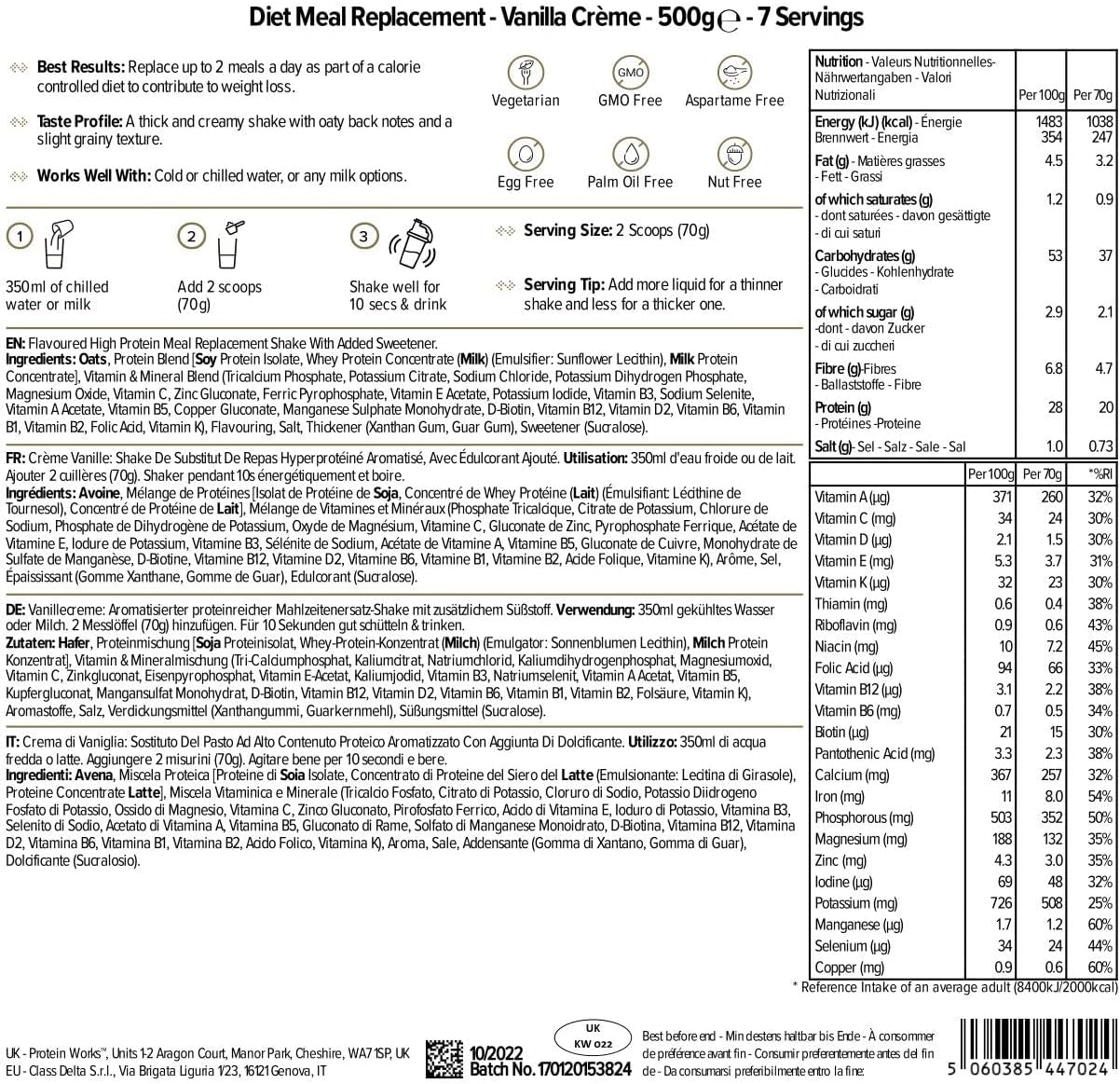 THE PROTEIN WORKS Sustituto De Comida Dietético | Rico En Nutrientes | Vitaminas Potenciadoras Del Sistema Inmune | Asequible, Saludable & Rápida | Crema De Vainilla | 500G