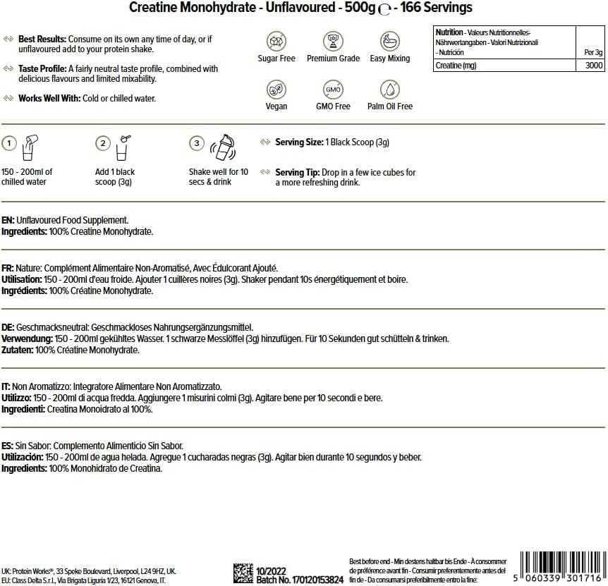 THE PROTEIN WORKS Monohidrato De Creatina En Polvo. 100% Puro Y Fino. Suplemente Para El Crecimiento Magro Muscular. Vegano. Sin Sabor. 500G