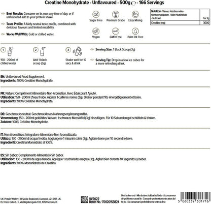 THE PROTEIN WORKS Monohidrato De Creatina En Polvo. 100% Puro Y Fino. Suplemente Para El Crecimiento Magro Muscular. Vegano. Sin Sabor. 500G