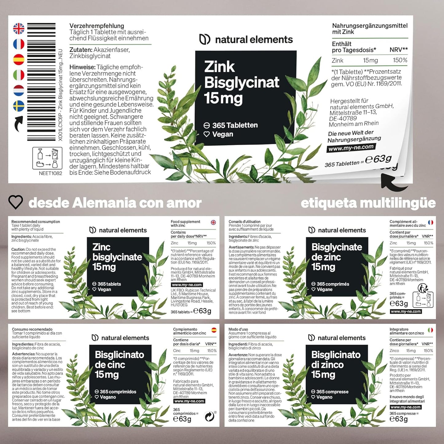 Zinc Bisglicinato 15Mg - 365 Comprimidos (1 Año) - Para El Pelo, Piel, Uñas Y Reforzar Sistema Inmunológico - Bisglicinato De Zinc Alta Biodisponibilidad - Probado En Laboratorio Y Vegano