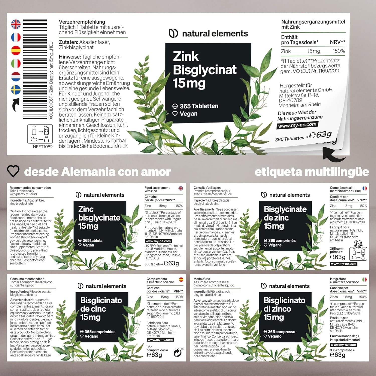 Zinc Bisglicinato 15Mg - 365 Comprimidos (1 Año) - Para El Pelo, Piel, Uñas Y Reforzar Sistema Inmunológico - Bisglicinato De Zinc Alta Biodisponibilidad - Probado En Laboratorio Y Vegano