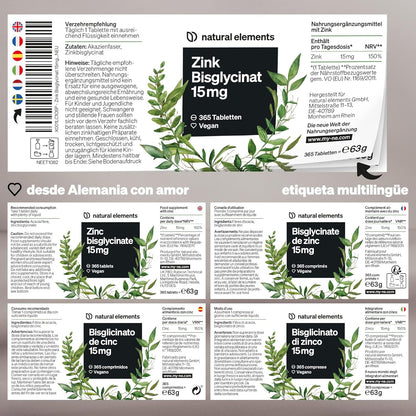 Zinc Bisglicinato 15Mg - 365 Comprimidos (1 Año) - Para El Pelo, Piel, Uñas Y Reforzar Sistema Inmunológico - Bisglicinato De Zinc Alta Biodisponibilidad - Probado En Laboratorio Y Vegano
