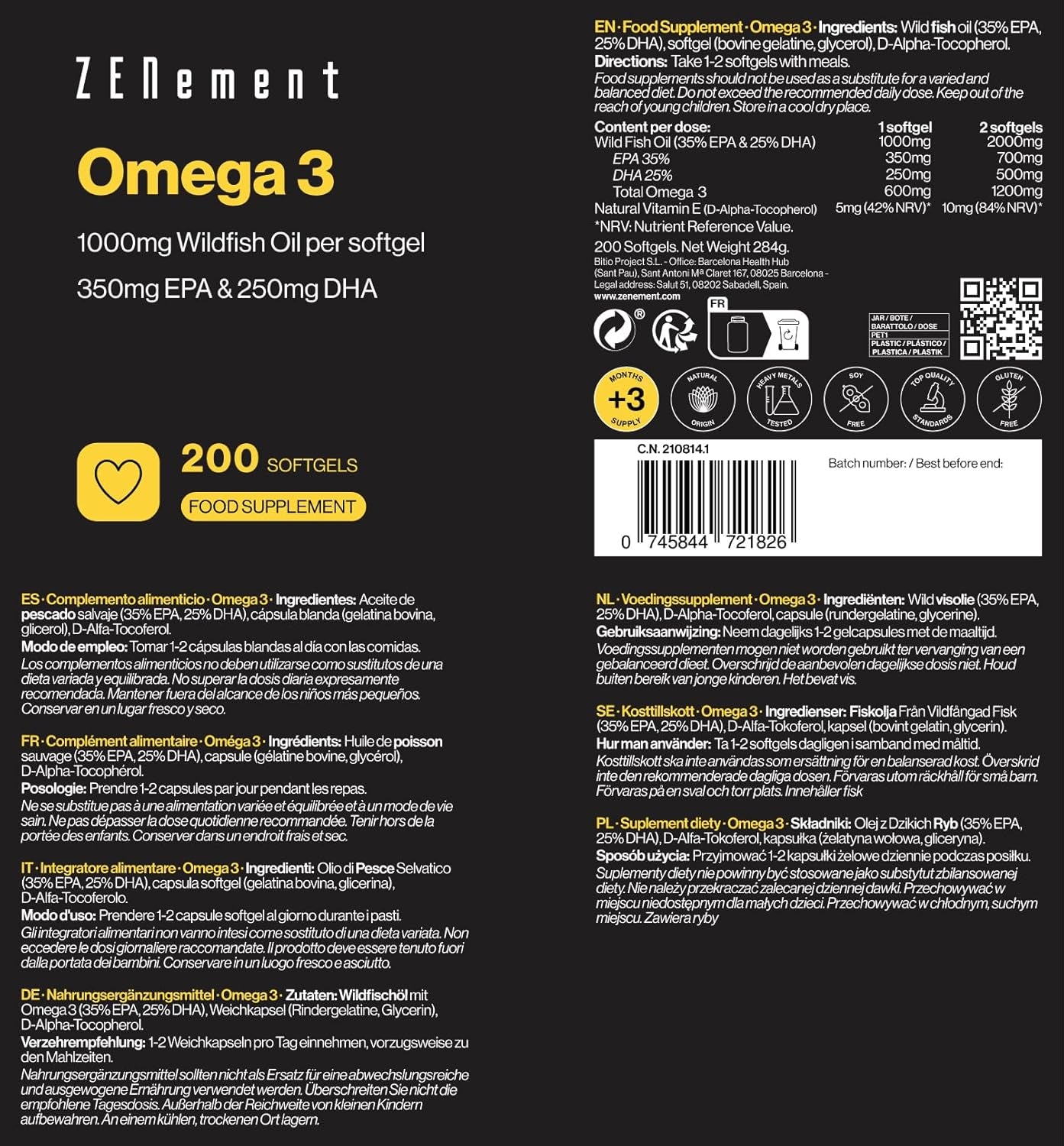Omega 3 2000Mg Por Dosis Diaria, Máxima Concentración De DHA 500Mg Y EPA 700Mg, Ácidos Grasos De Alta Potencia | Aceite De Pescado Salvaje Con Vitamina E | 200 Cápsulas De Omega-3 | Zenement
