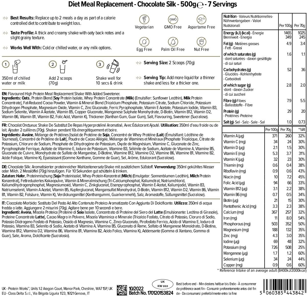 THE PROTEIN WORKS Sustituto De Comida Dietético, Rico En Nutrientes, Chocolate Suave, 500 G