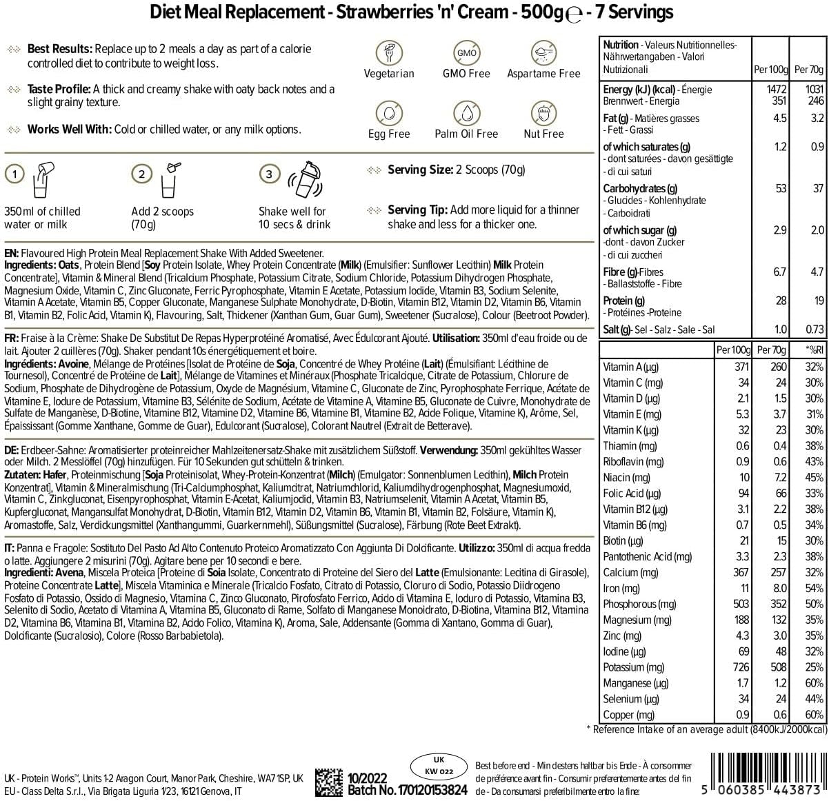 THE PROTEIN WORKS Sustituto De Comida Dietético | Fresas Con Nata | Rico En Nutrientes | Vitaminas Potenciadoras Del Sistema Inmune | Asequible, Saludable & Rápida | 500G