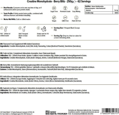 THE PROTEIN WORKS Monohidrato De Creatina En Polvo | 100% Puro Y Fino | Suplemente De Calidad Para El Crecimiento Magro Muscular | Vegano | Explosión De Bayas | 250G